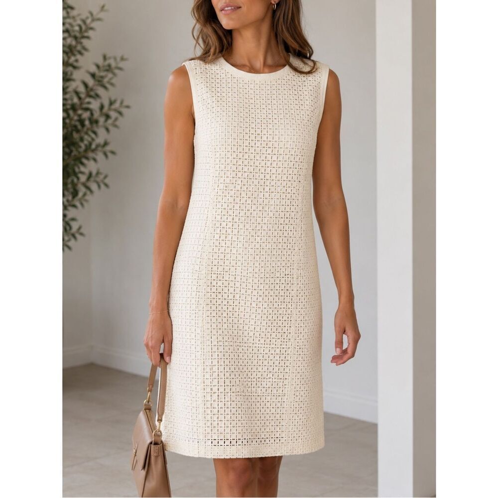 WORTH New York Ivory Color Cotton Sleeveless Eyelet Sheath Dress Size 8